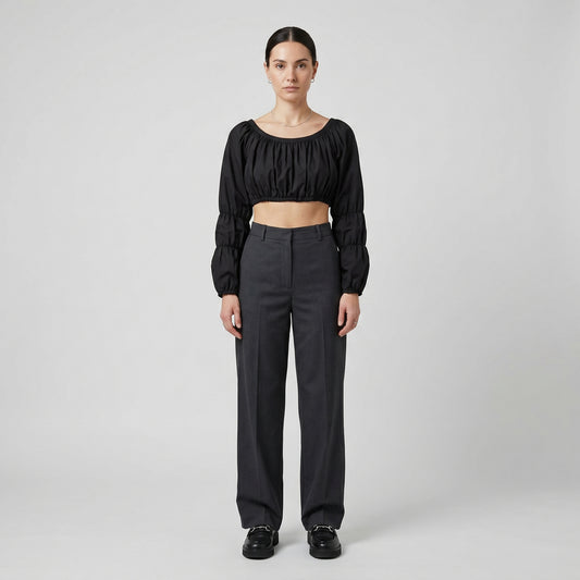 Black Ruched Cropped Blouse