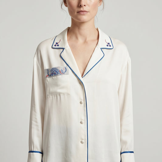 Embroidered Satin Pajama Shirt