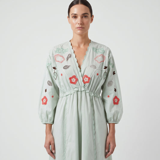 Embroidered Scalloped Midi Dress