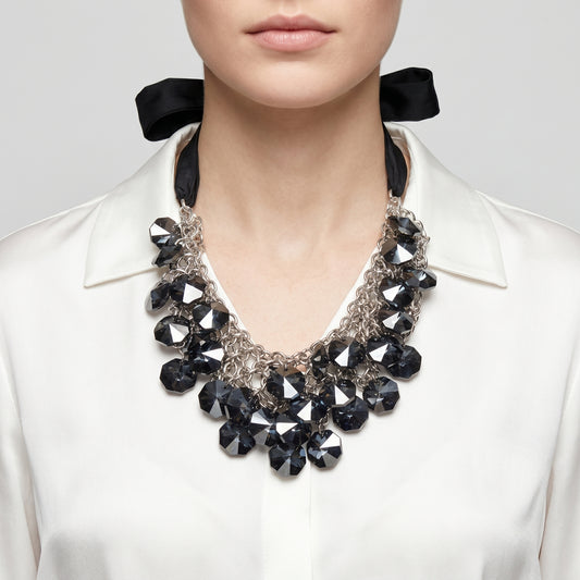 Crystal Cluster Ribbon Statement Necklace