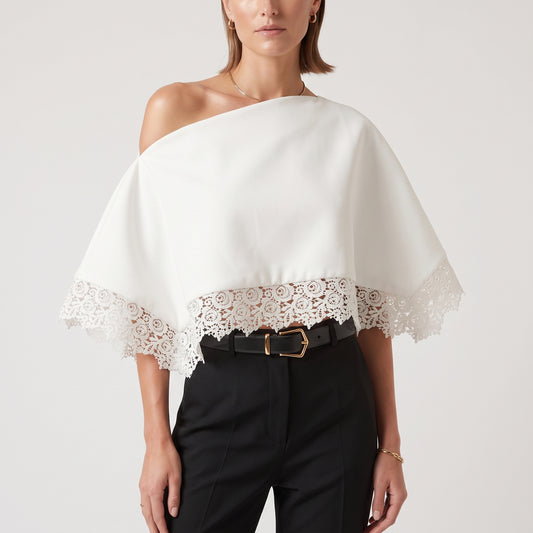 One-Shoulder Lace-Trimmed Cotton Top