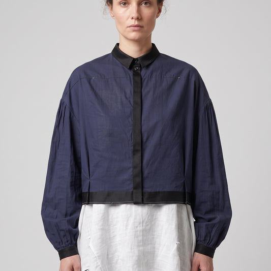 Contrast Trim Navy Cotton Blouse