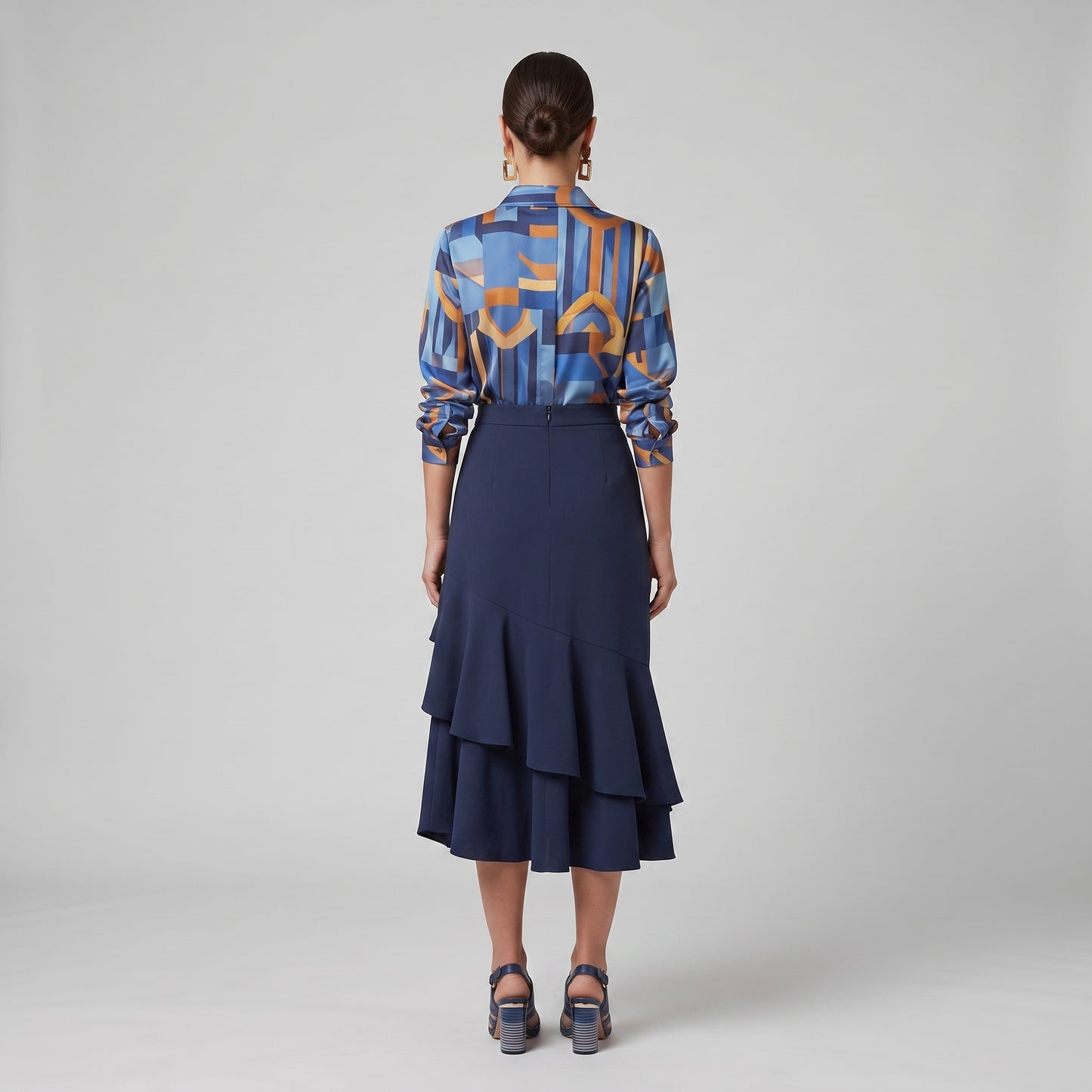 Navy Asymmetric Ruffle Midi Skirt