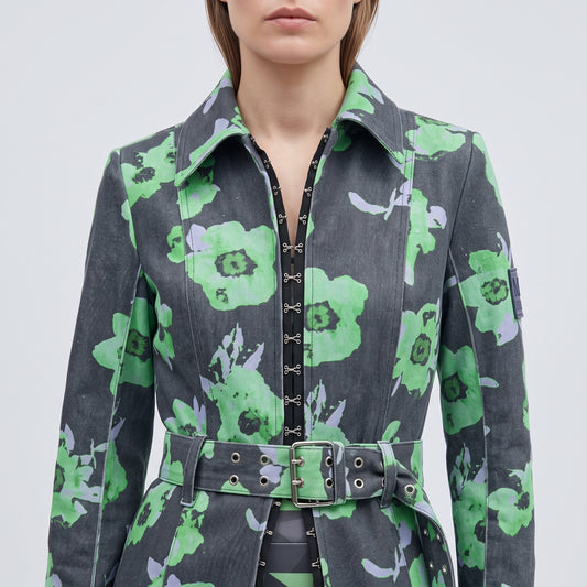 Floral Print Belted Denim Coat