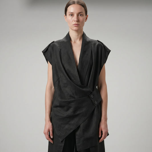 Tailored Asymmetric Linen Wrap Vest
