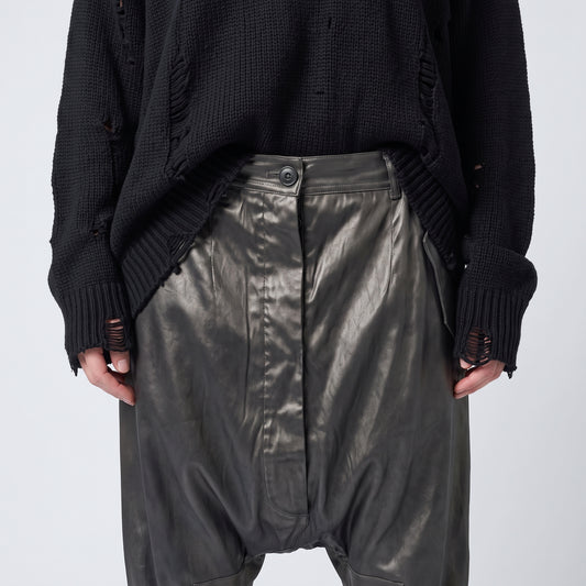Structured Coated Dropped-Crotch Trousers