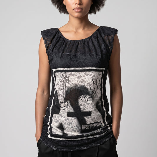 Graphic Print Lace Sleeveless Top