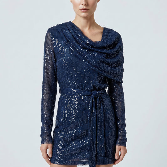 Navy Sequined Draped Mini Dress