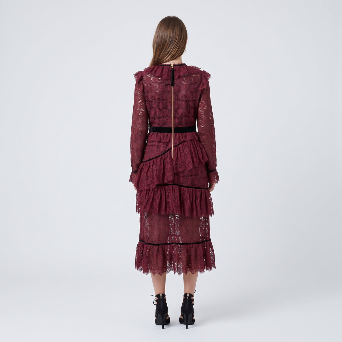 Burgundy Ruffled Lace Midi Dress