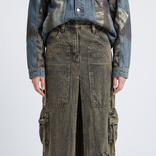 Acid Wash Denim Cargo Skirt