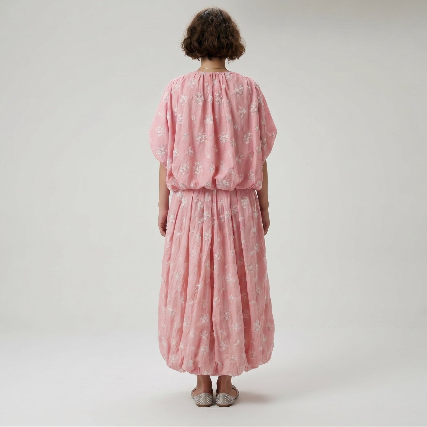 Embroidered Pink Bubble Hem Top
