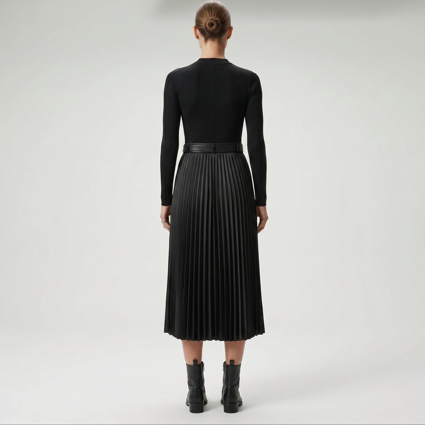 Pleated Faux Leather Knit Dress