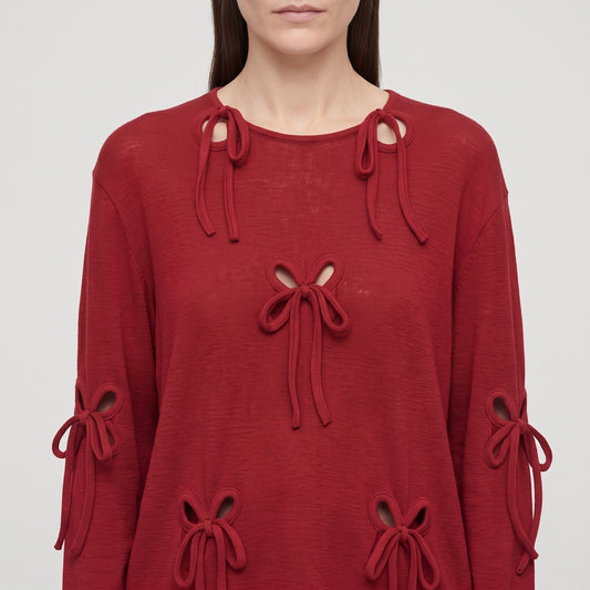 Red Bow Detail Long-Sleeve Top