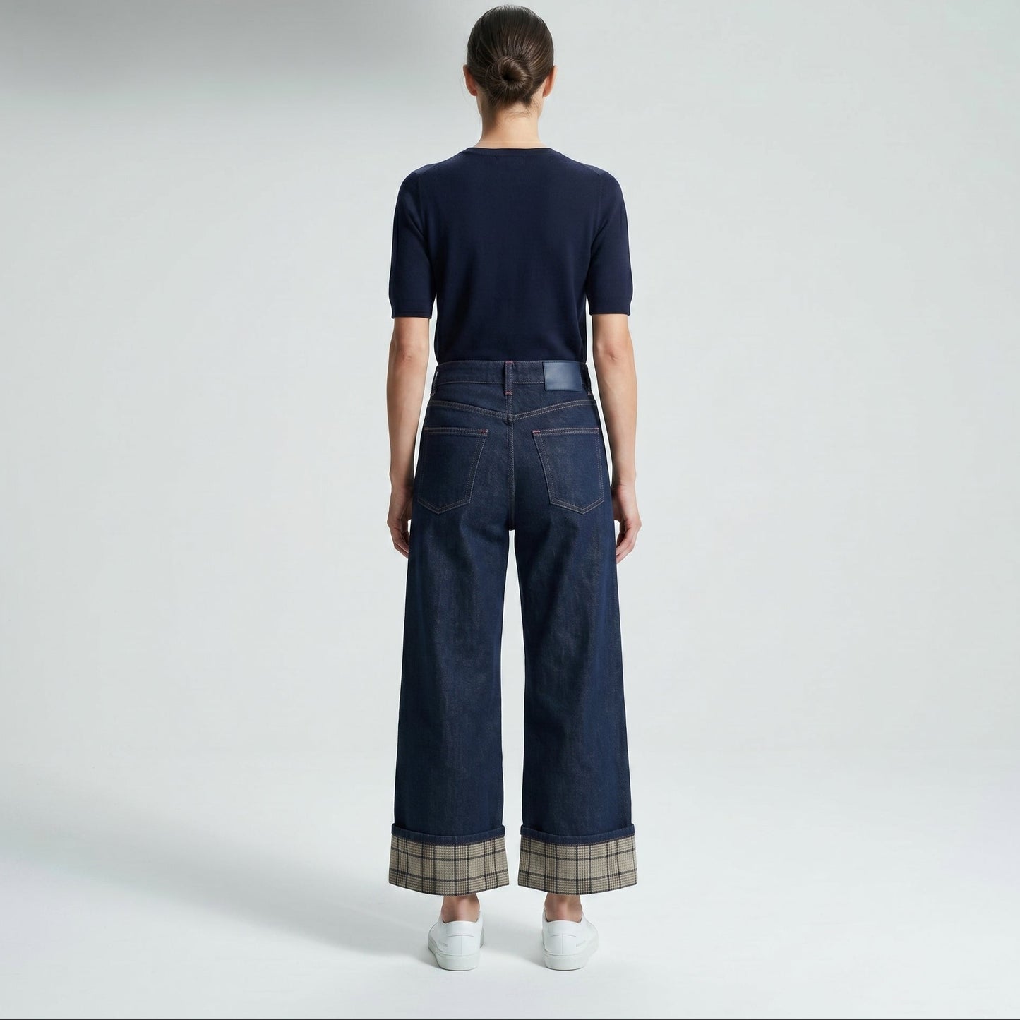 Plaid Cuff Wide Leg Jeans