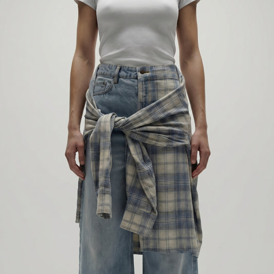 Layered Plaid Wide Leg Jeans