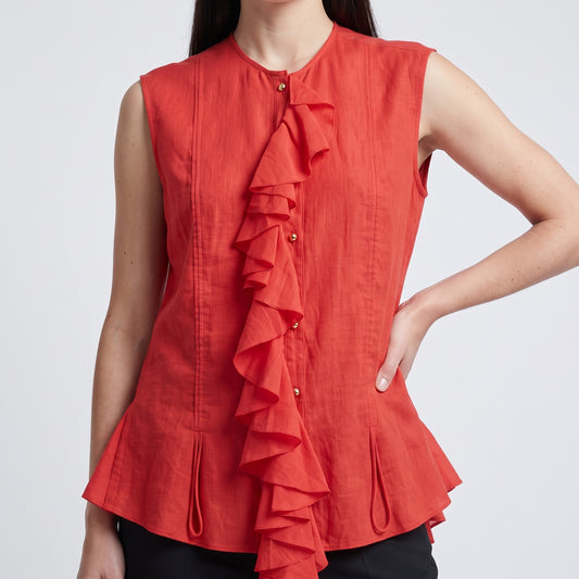 Red Ruffled Sleeveless Blouse