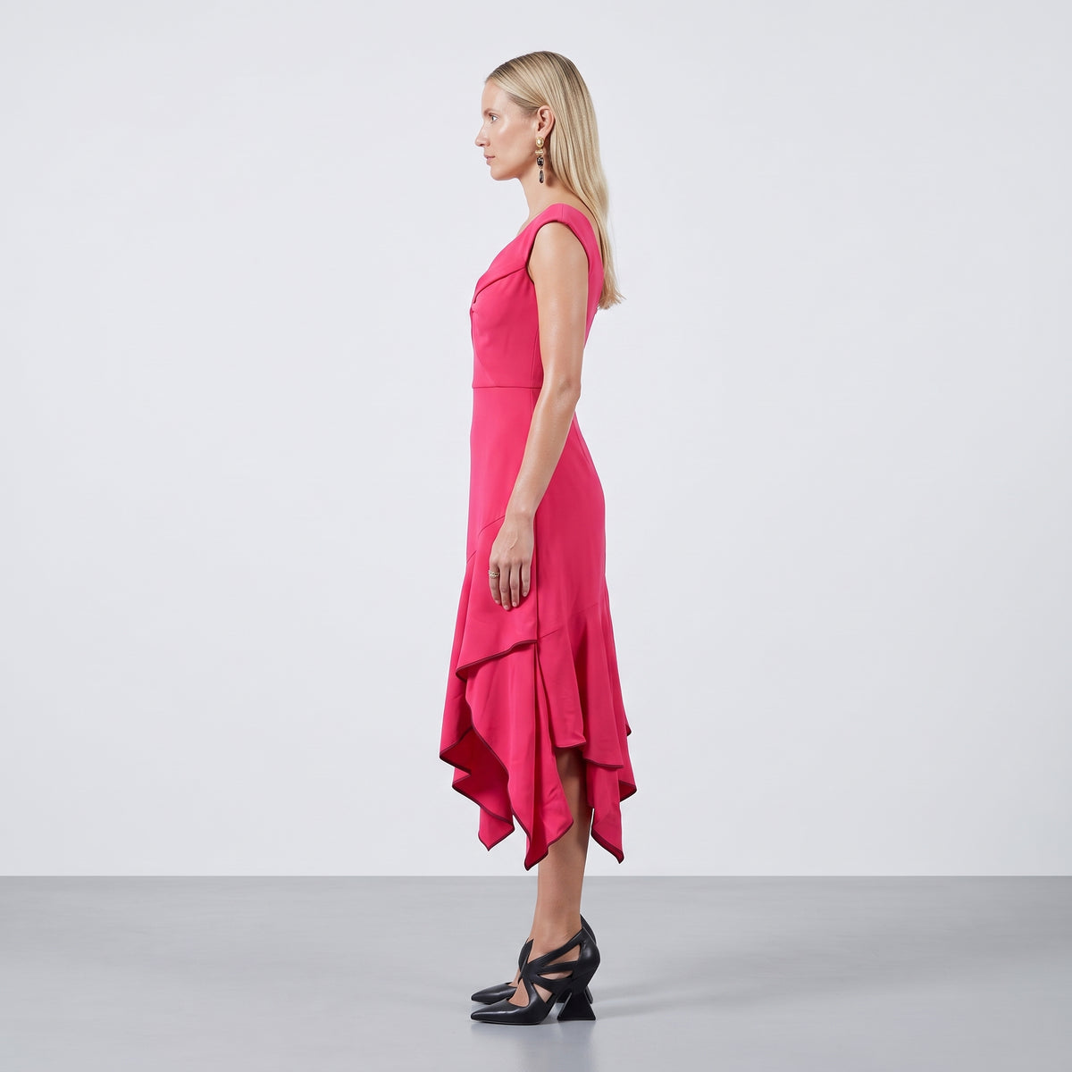 Vibrant Asymmetric Ruffle Midi Dress