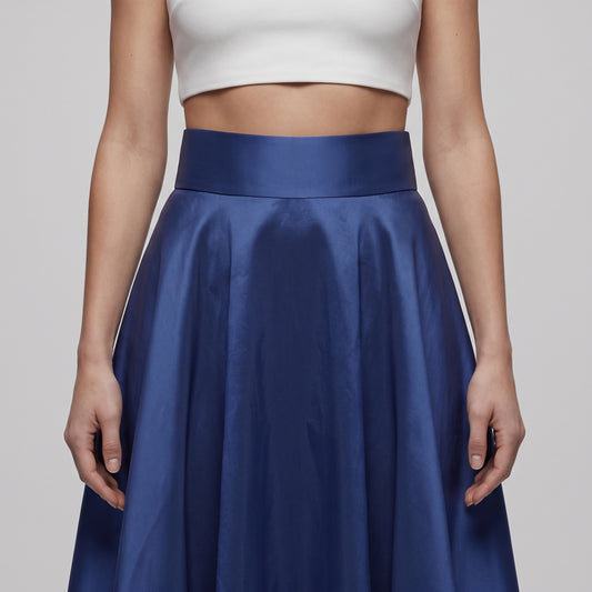 Elegant Navy Satin Midi Skirt