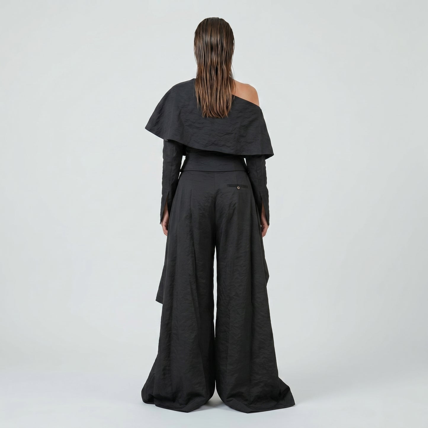 Asymmetric Pleated Wide Leg Trousers