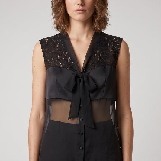 Lace Panel Tie Front Blouse