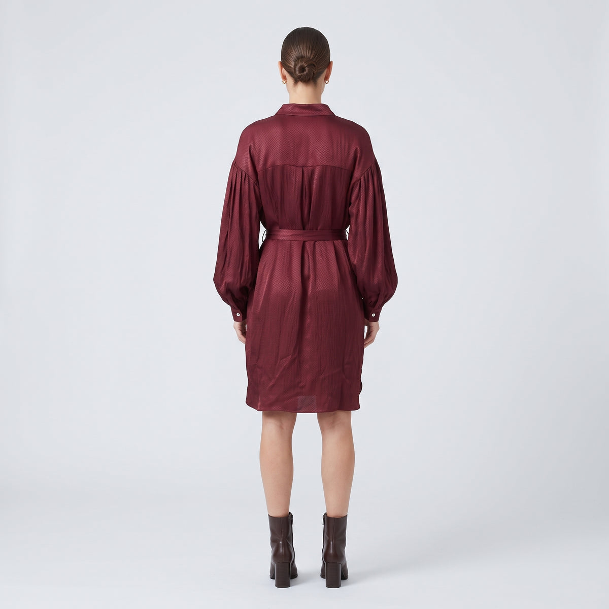 Burgundy Balloon Sleeve Shirt Dress