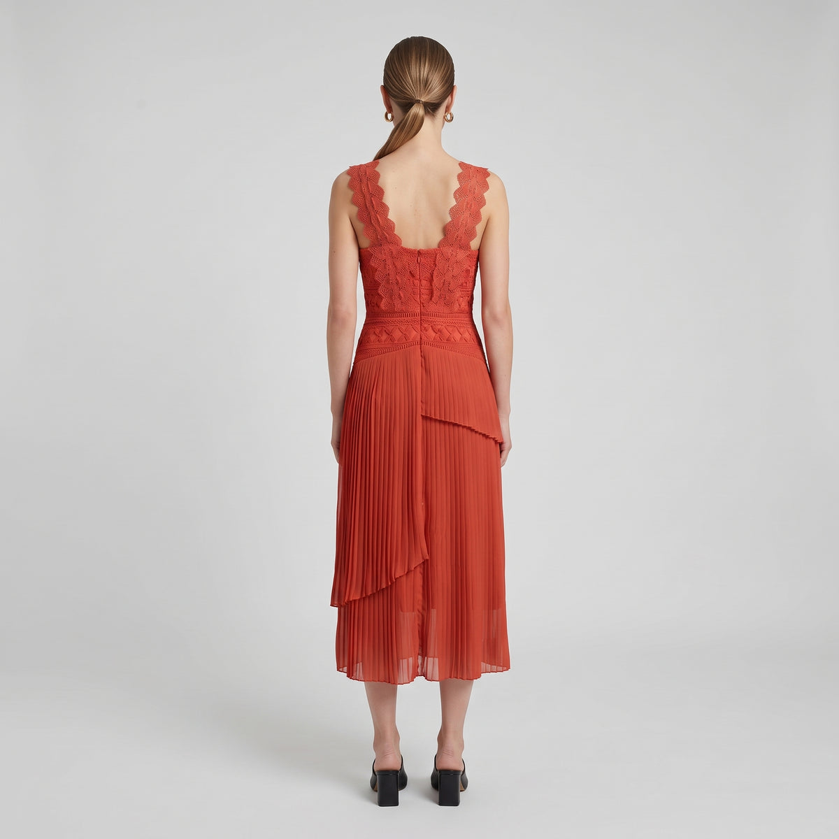 Rust Pleated Lace Midi Dress
