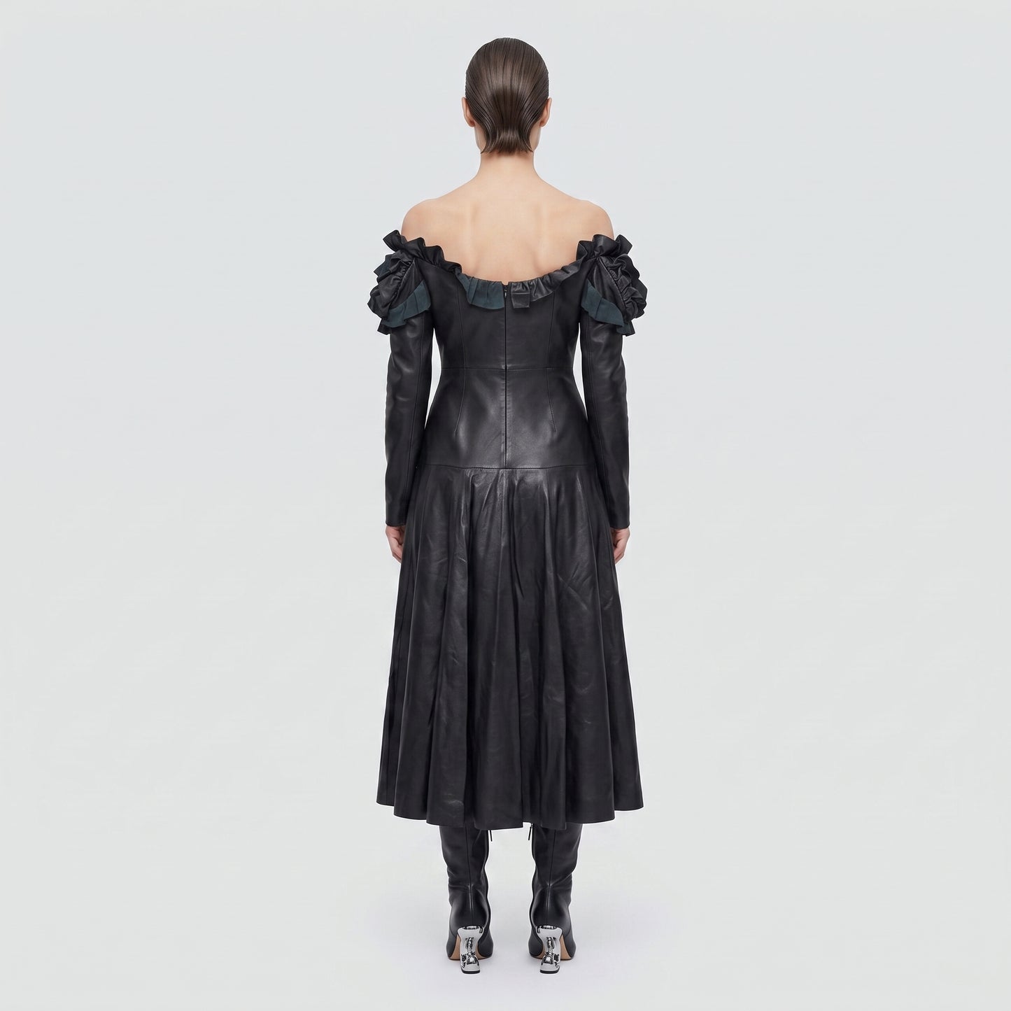 Ruffled Off-Shoulder Leather Dress