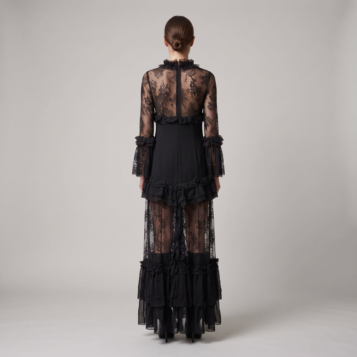 Black Ruffled Lace Midi Dress