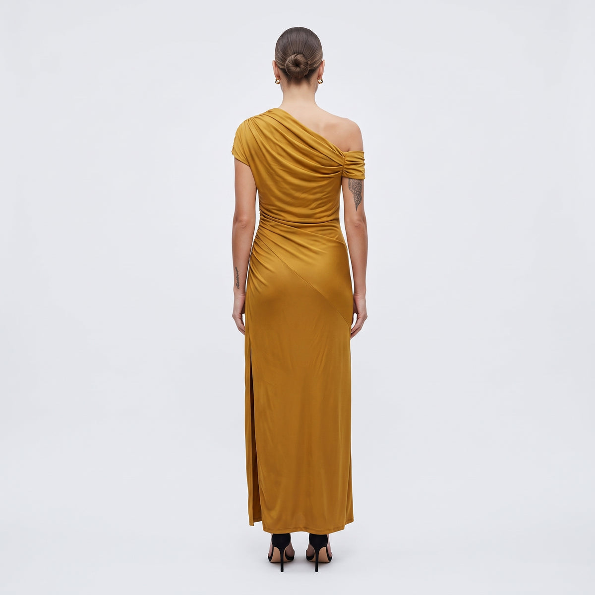 One-Shoulder Ruched Mustard Dress