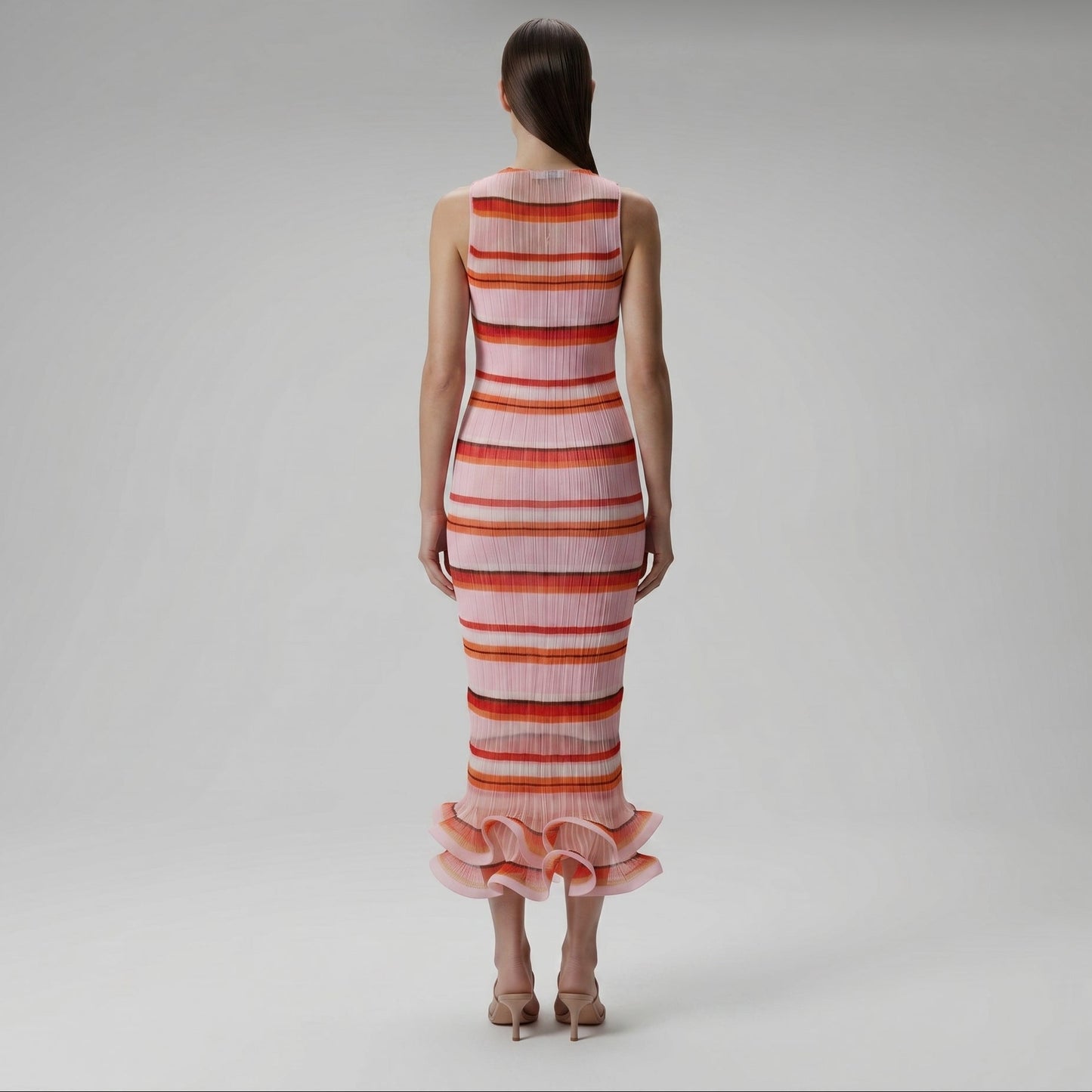 Striped Pleated Ruffle Hem Dress