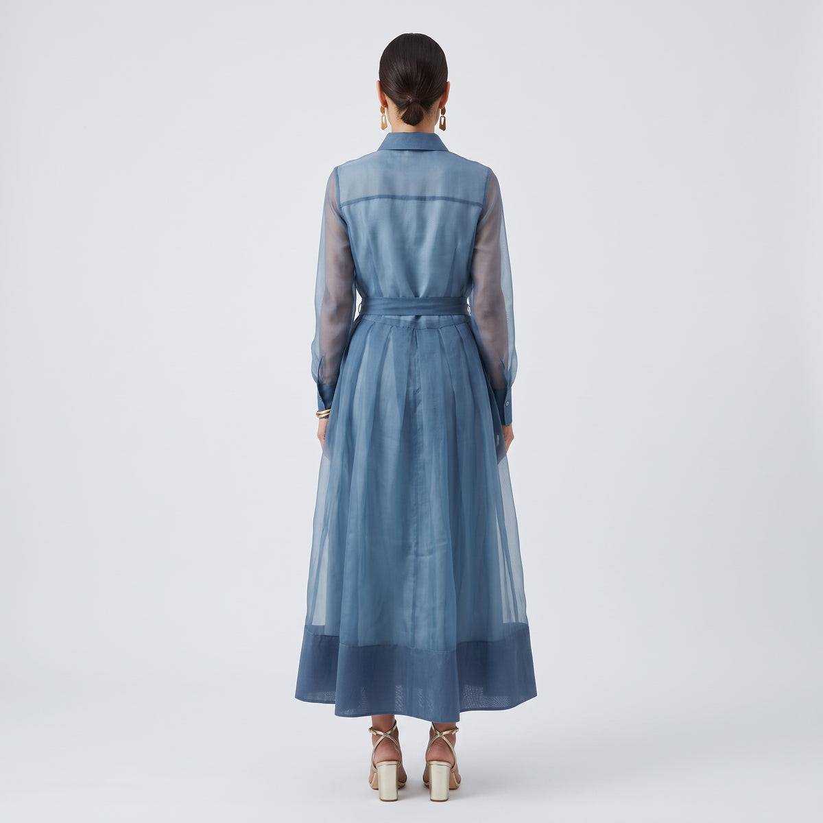Sheer Organza Belted Midi Dress