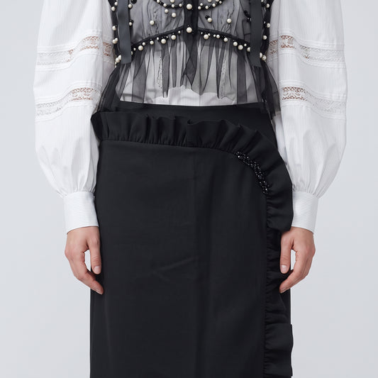 Ruffled Embellished Black Mini Skirt