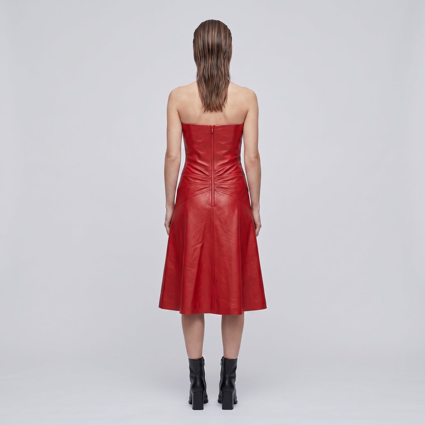 Strapless Paneled Leather Midi Dress