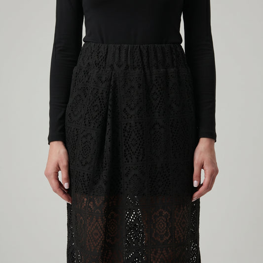 Elegant Black Eyelet Midi Skirt