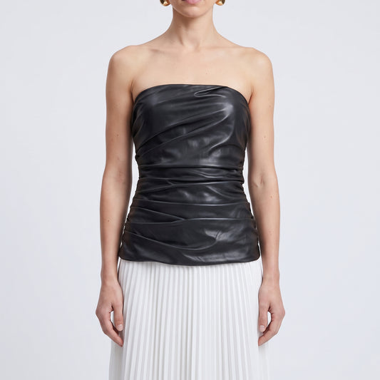Strapless Ruched Faux Leather Dress