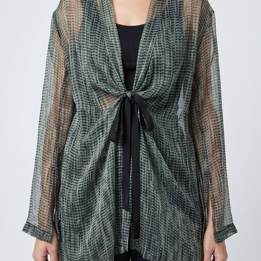 Sheer Printed Tie-Front Top
