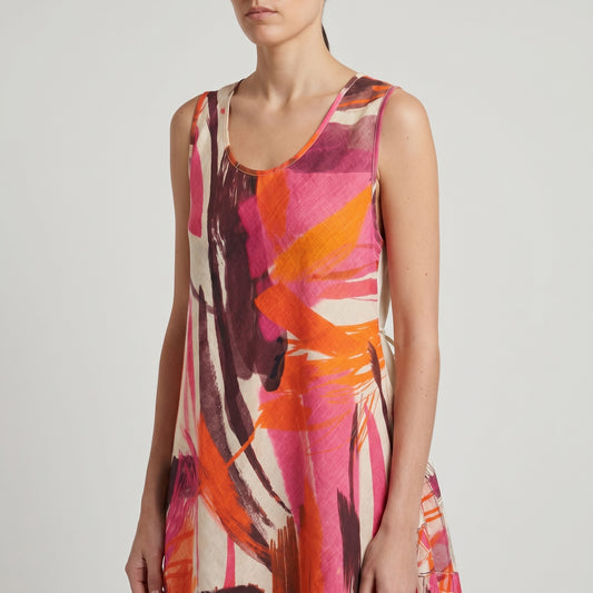 Abstract Print Sleeveless Linen Dress