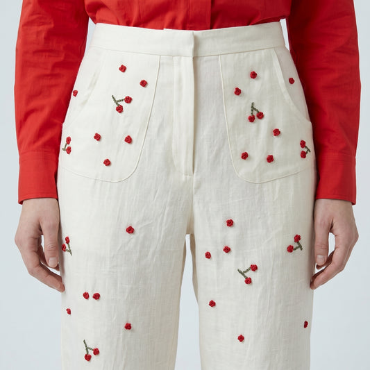 Embroidered Cherry High-Waisted Trousers