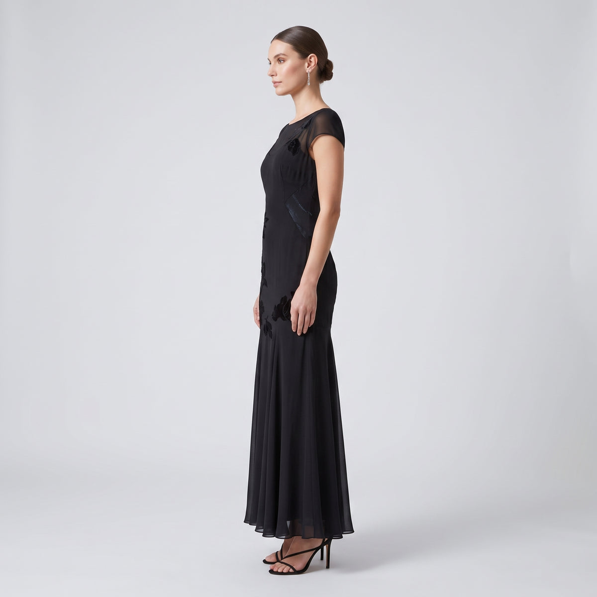 Floral Embroidered Black Midi Dress