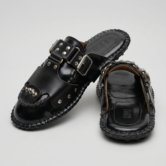 Studded Leather Buckle Mules