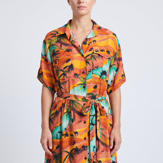 Tropical Palm Print Shirt Dress