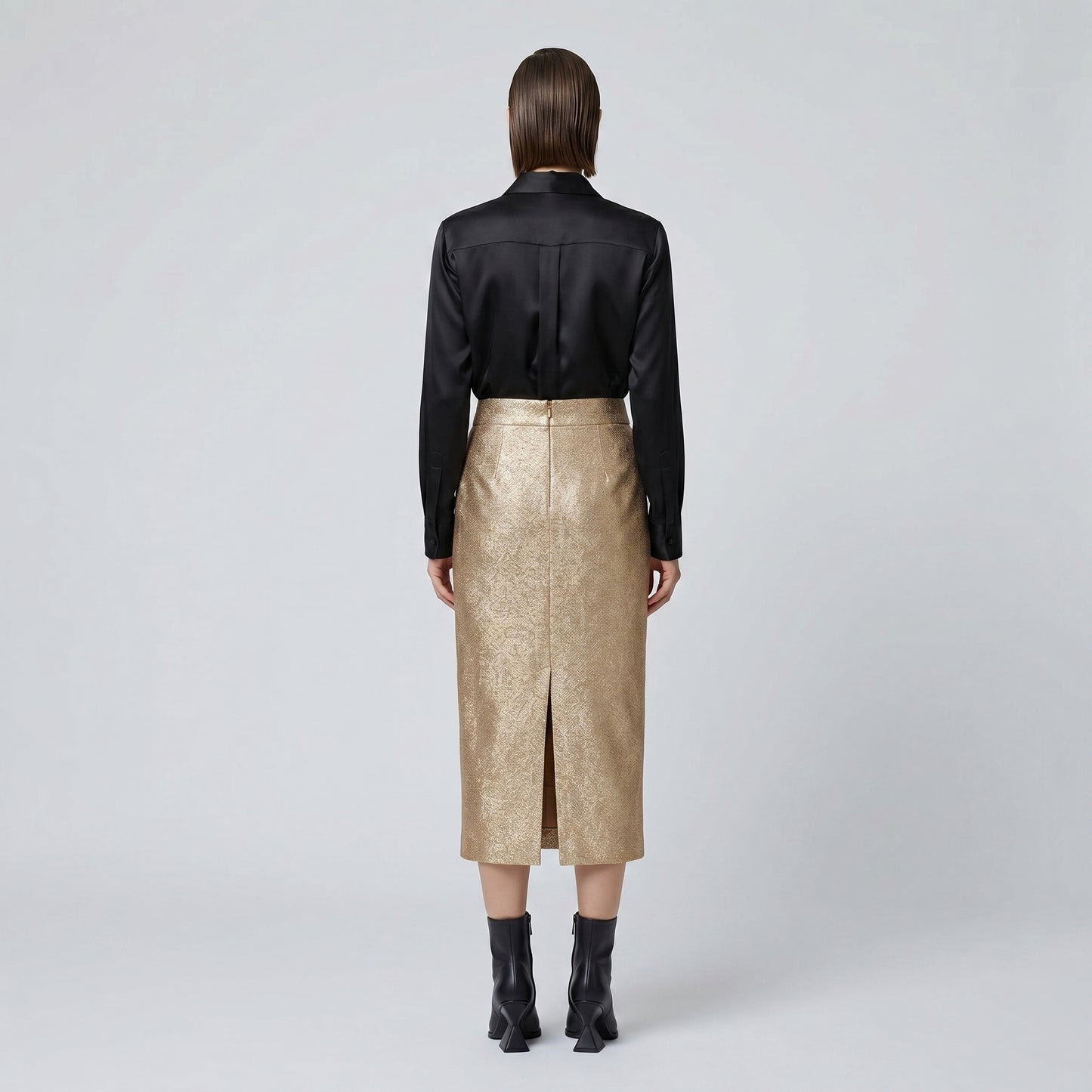 Metallic Gold Midi Pencil Skirt