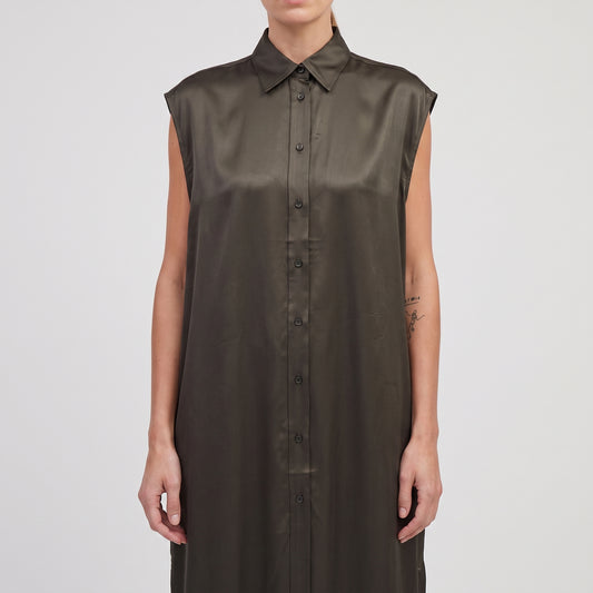 Sleeveless Satin Shirt Dress