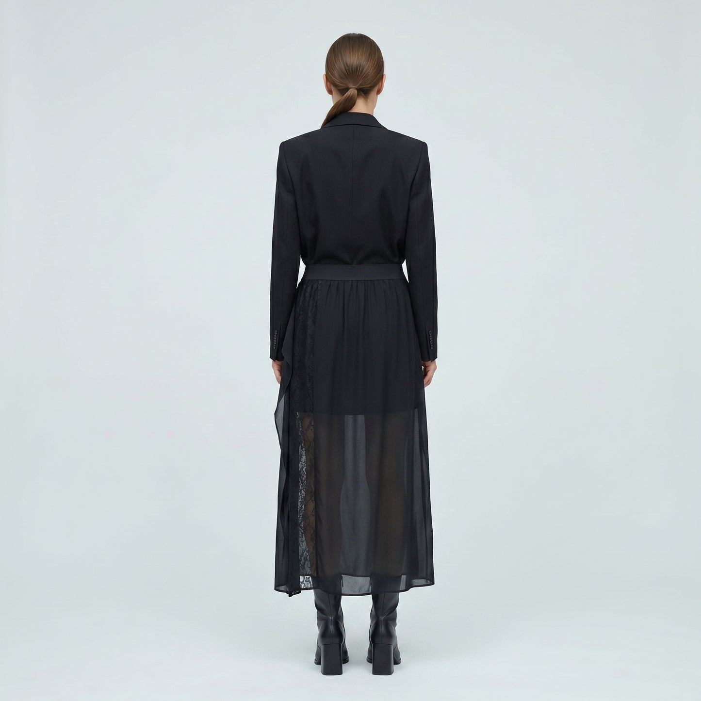 Lace-Paneled Draped Midi Skirt