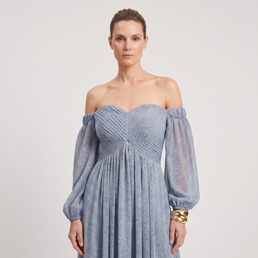 Off-Shoulder Pleated Midi Dress