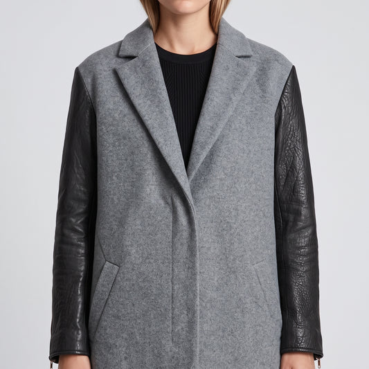 Wool Blend Leather Sleeve Coat