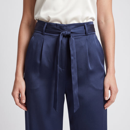 Navy Tie-Waist Wide Leg Trousers