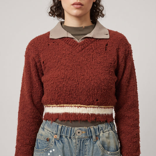 Distressed Textured Polo Sweater