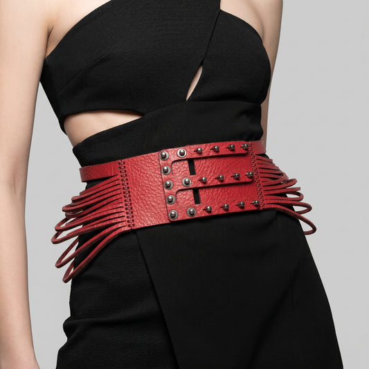 Studded Red Leather Corset Belt