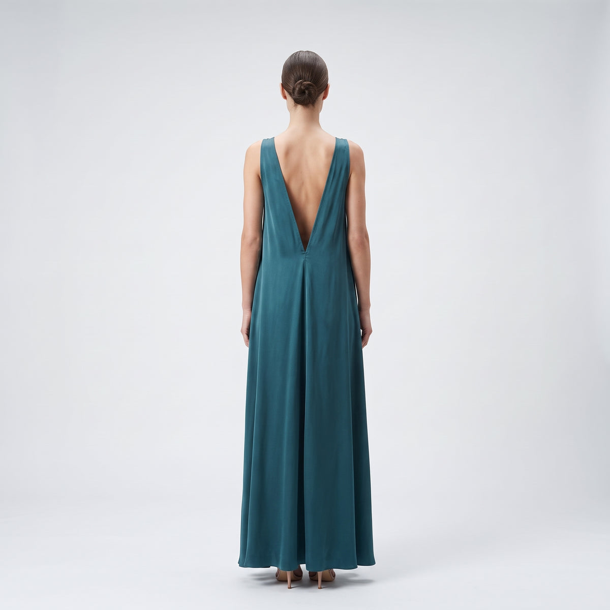 Pleated Satin V-Neck Gown
